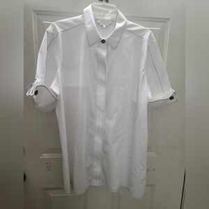 Women Foxcroft NYC Non Iron Stretch Size 14 Shirt White W/ Black stitching.